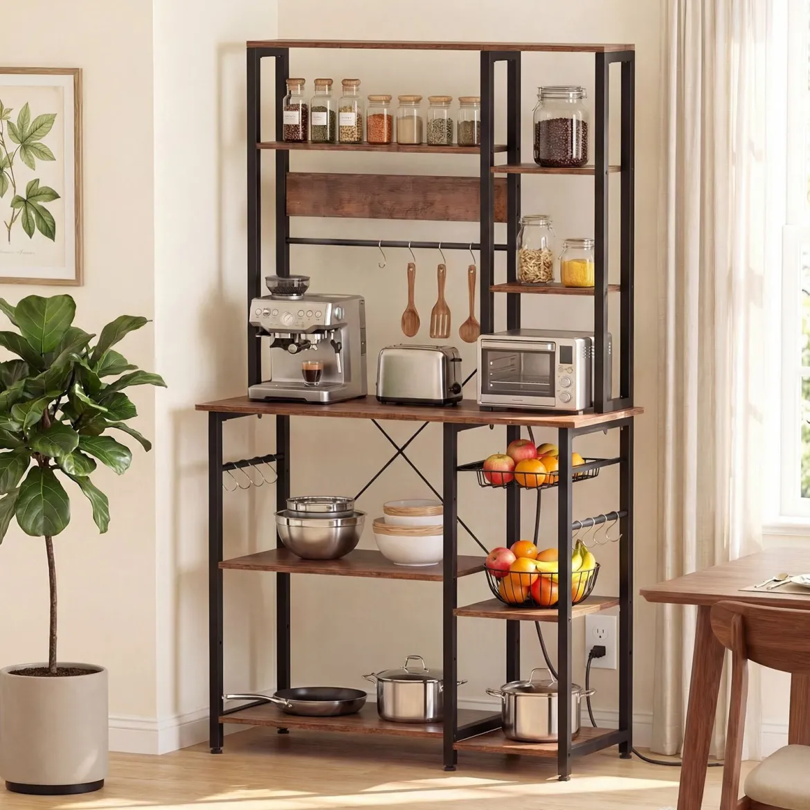 6-stufiger Küchenregal mit Steckdose & Drahtkorb Standregal Mikrowellenregal Bäckerregal 99 × 40 × 170 cm