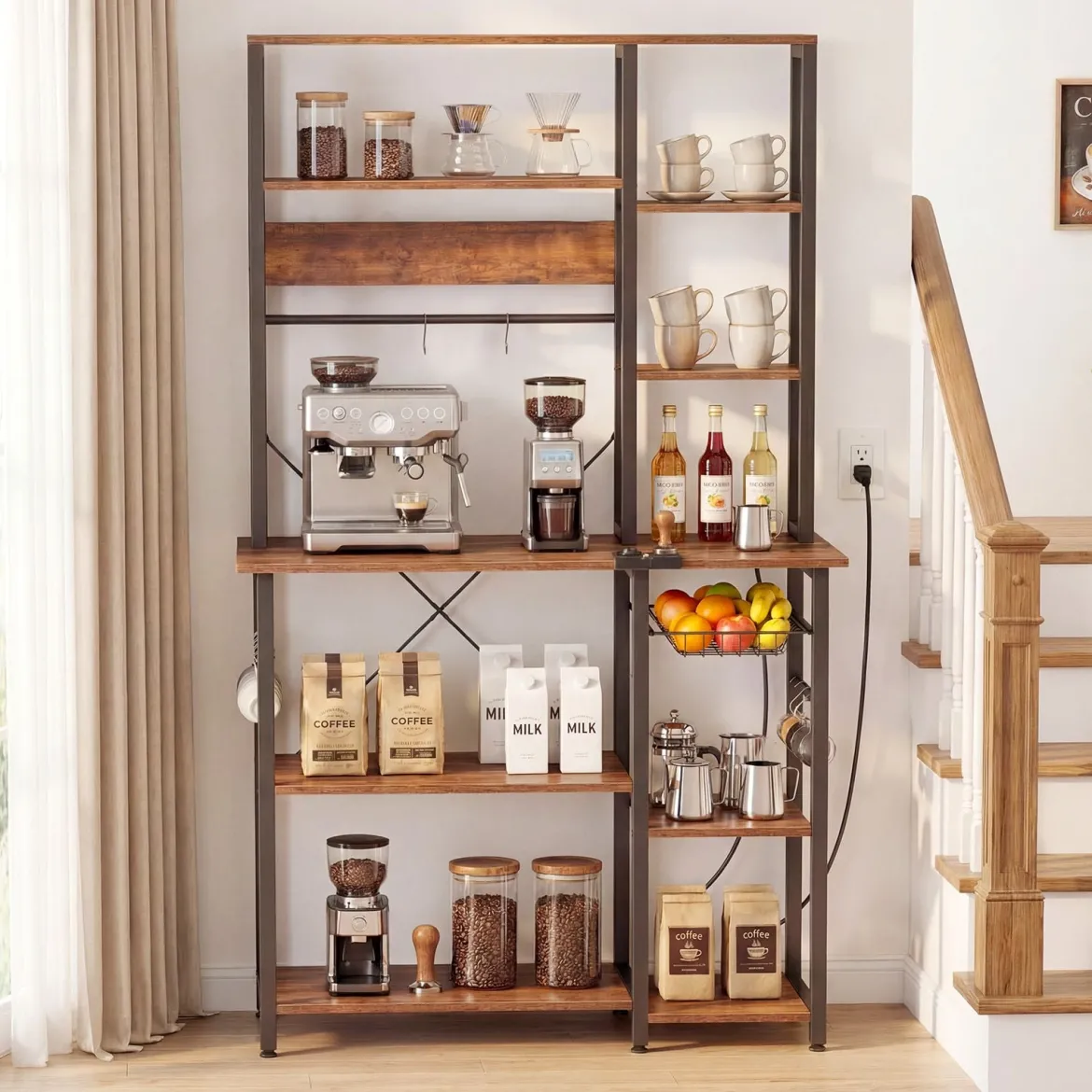 6-stufiger Küchenregal mit Steckdose & Drahtkorb Standregal Mikrowellenregal Bäckerregal 99 × 40 × 170 cm