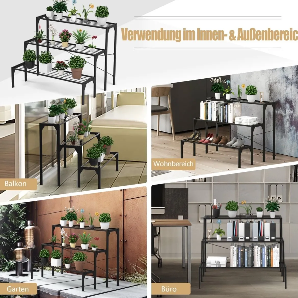 3-stufiger Metall Blumentreppe Blumenregal Pflanzenständer Pflanzenregal Metallkonstruktion Metall