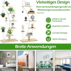 6-stufiger Metall-Pflanzenständer in Halbmondform mit 2 kleine Ablagen & Haken Weiß