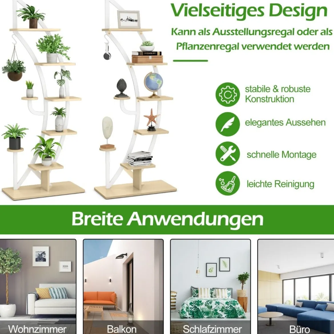 6-stufiger Metall-Pflanzenständer in Halbmondform mit 2 kleine Ablagen & Haken Weiß