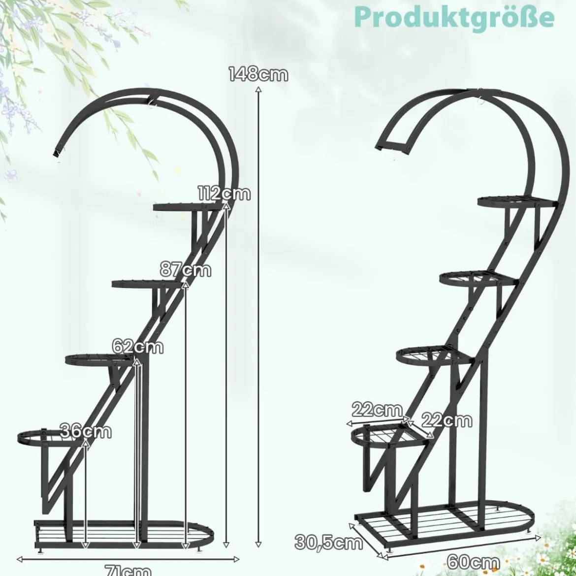 5-stufiger Metall Pflanzenständer Herzförmig Blumenregal mit Haken 71 x 30,5 x 148 cm Schwarz