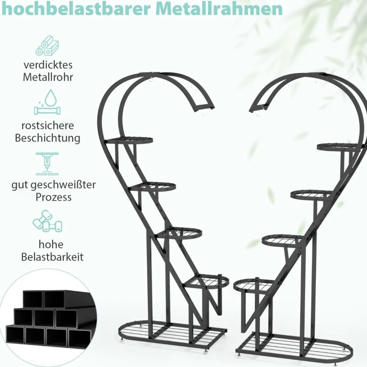 5-stufiger Metall Pflanzenständer Herzförmig Blumenregal mit Haken 71 x 30,5 x 148 cm Schwarz