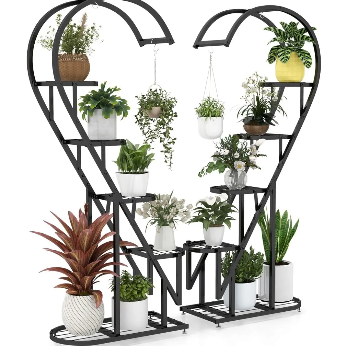 5-stufiger Metall Pflanzenständer Herzförmig Blumenregal mit Haken 71 x 30,5 x 148 cm Schwarz