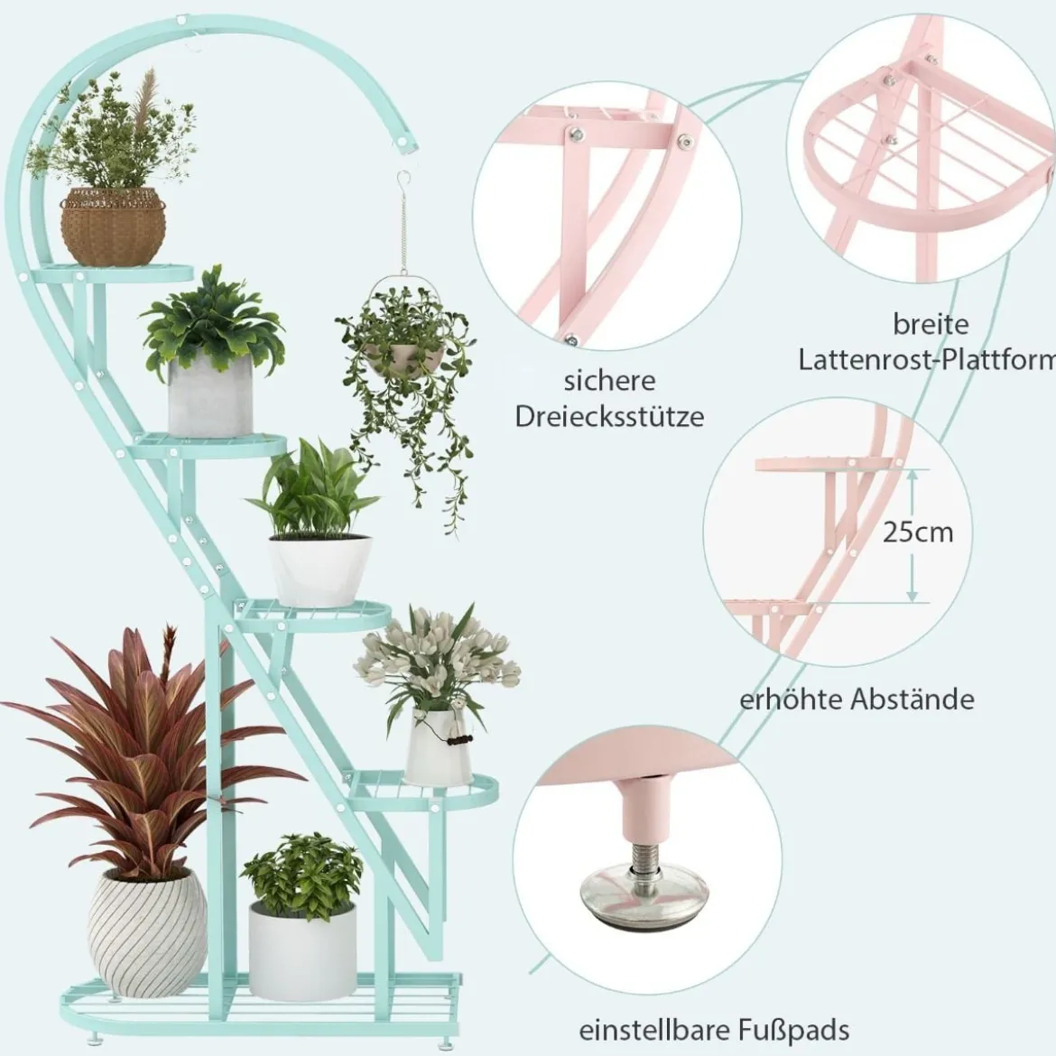 5-stufiger Metall Pflanzenständer Herzförmig Blumenregal mit Haken 71 x 30,5 x 148 cm Rosa und Blau