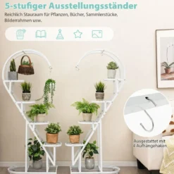 5-stufiger Metall Pflanzenständer Herzförmig Blumenregal mit Haken 71 x 30,5 x 148 cm Weiß