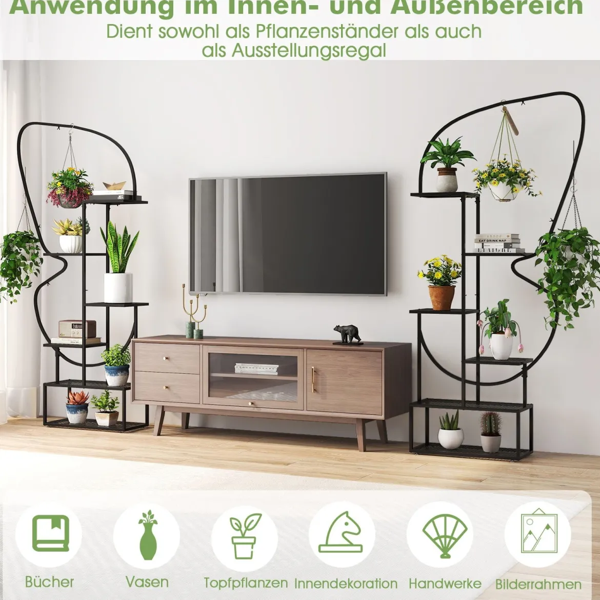 6-stufiger Metall Schmetterlingsförmiger Pflanzenständer mit 4 Haken Blumenregal Schwarz