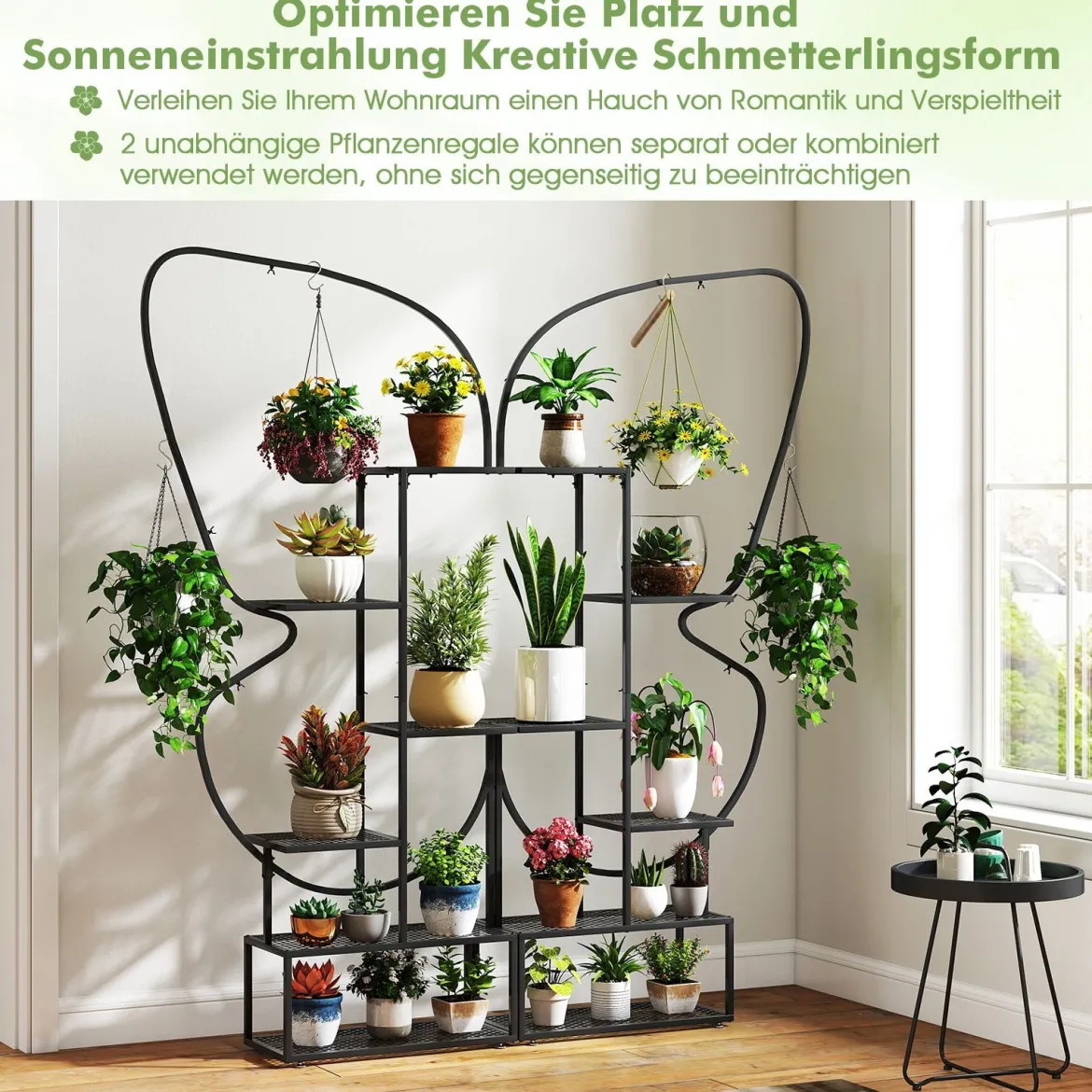 6-stufiger Metall Schmetterlingsförmiger Pflanzenständer mit 4 Haken Blumenregal Schwarz