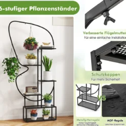 6-stufiger Metall Schmetterlingsförmiger Pflanzenständer mit 4 Haken Blumenregal Schwarz