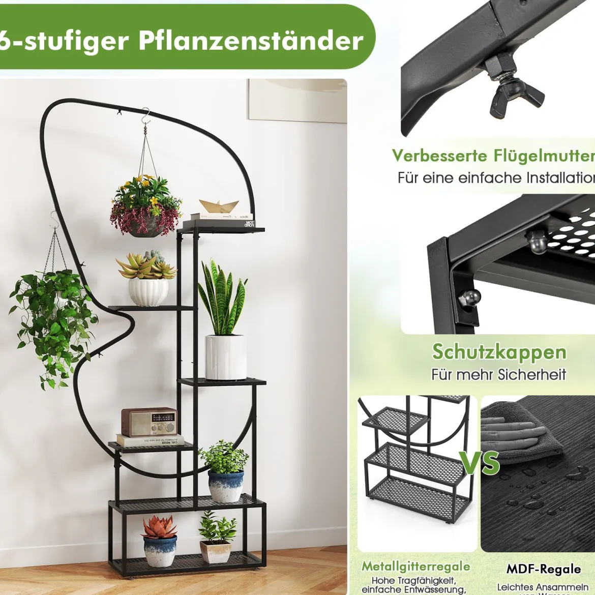 6-stufiger Metall Schmetterlingsförmiger Pflanzenständer mit 4 Haken Blumenregal Schwarz