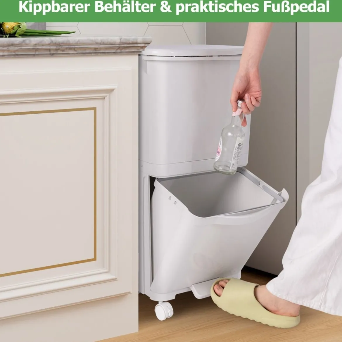 2-stufiger Mülleimer mit Deckel & Abschließbaren Rollen Kunststoff Abfalleimer Küchenabfalleimer