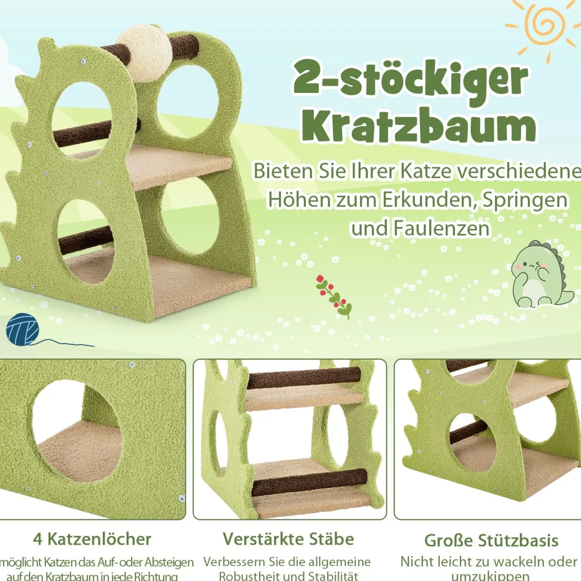 2-stufiger moderner Kratzbaum für Wohnungskatzen niedlicher dinosaurierförmiger Katzenturm Grün