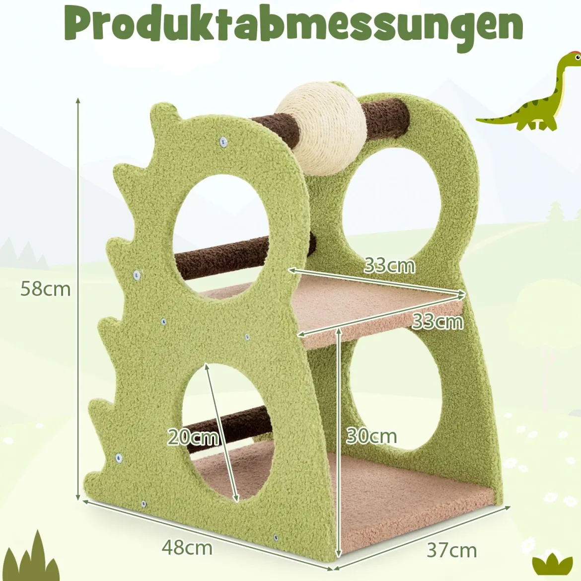 2-stufiger moderner Kratzbaum für Wohnungskatzen niedlicher dinosaurierförmiger Katzenturm Grün