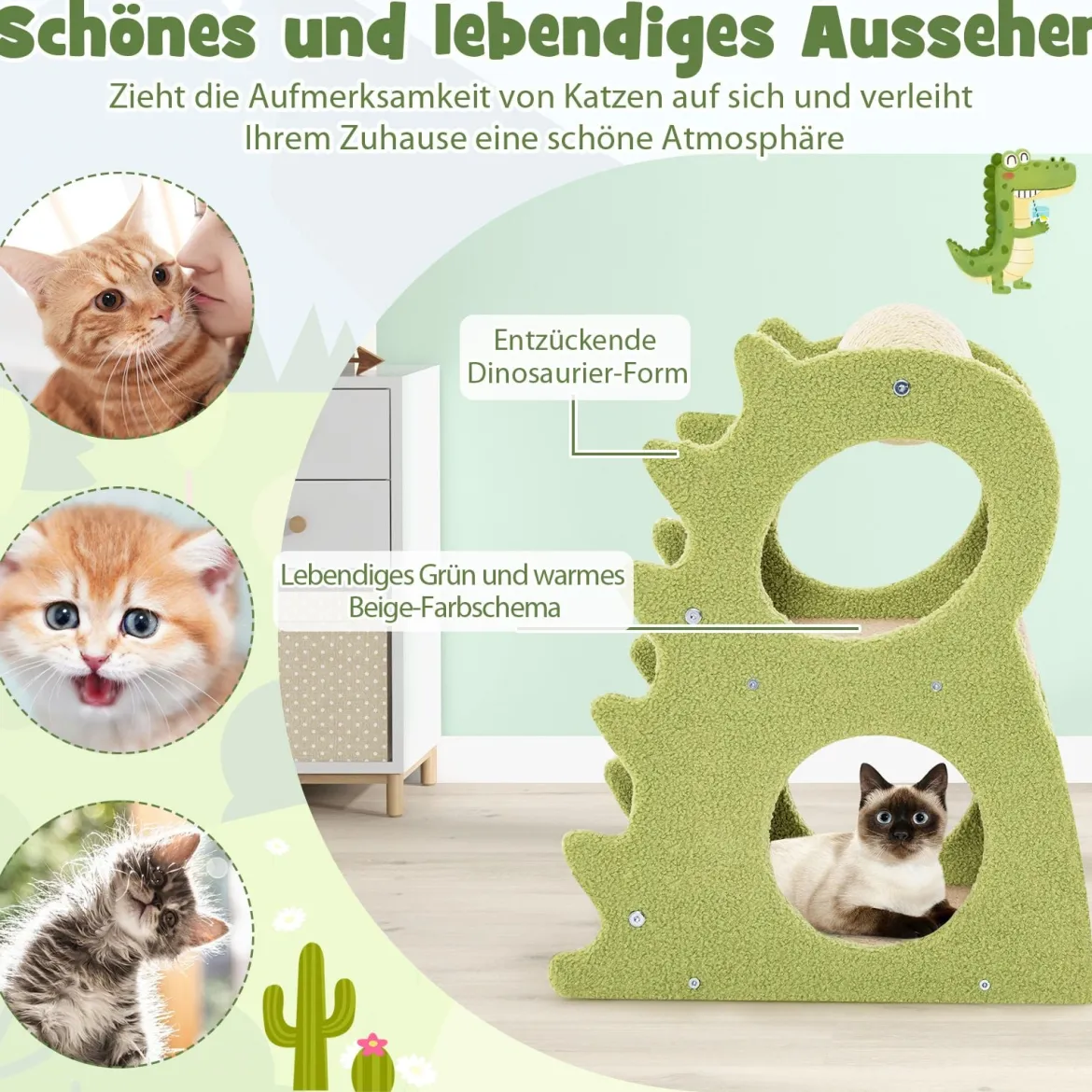 2-stufiger moderner Kratzbaum für Wohnungskatzen niedlicher dinosaurierförmiger Katzenturm Grün