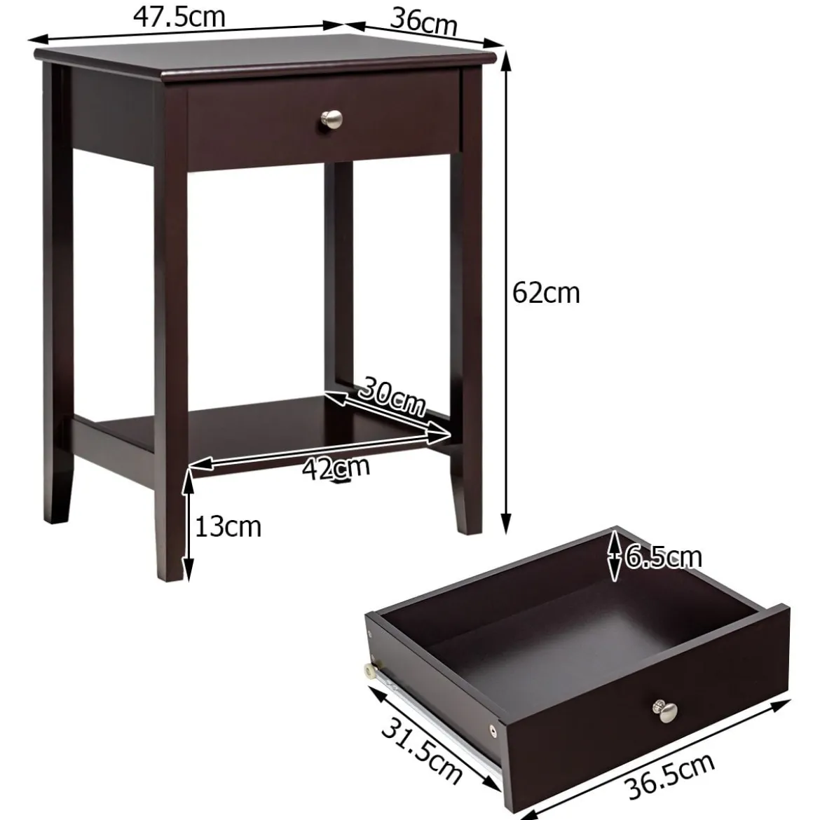 2-stufiger Nachttisch aus Holz Sofatisch Beistelltisch für Wohnzimmer 47,5 x 36 x 62 cm Braun