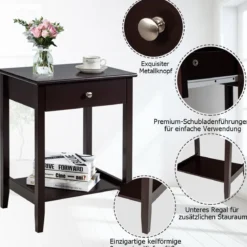 2-stufiger Nachttisch aus Holz Sofatisch Beistelltisch für Wohnzimmer 47,5 x 36 x 62 cm Braun