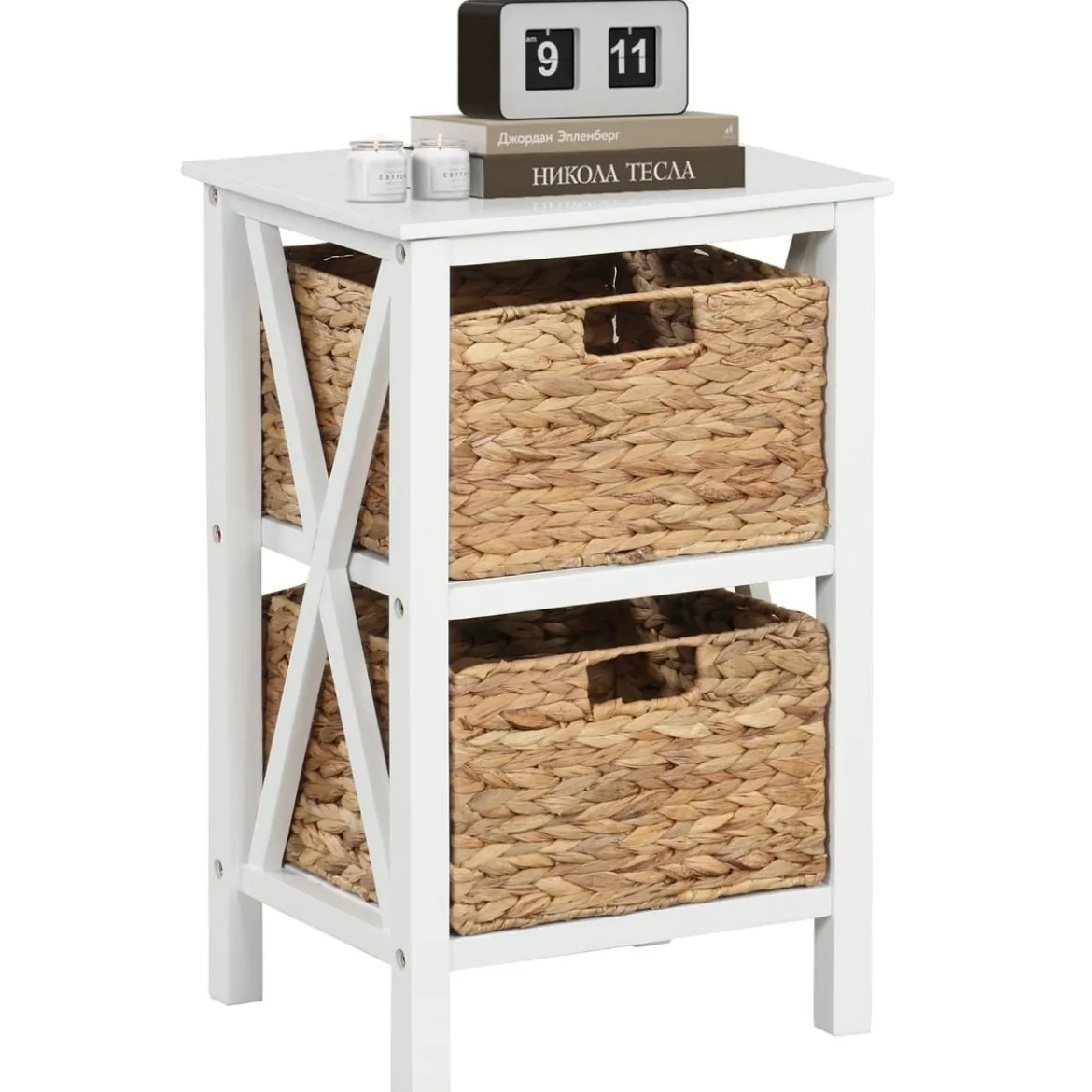 3-stufiger Nachttisch mit 2 Seegraskörben & X-Design Schmaler Beistelltisch 36 x 30 x 57 cm Weiß