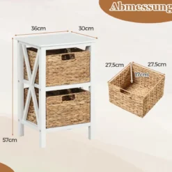 3-stufiger Nachttisch mit 2 Seegraskörben & X-Design Schmaler Beistelltisch 36 x 30 x 57 cm Weiß