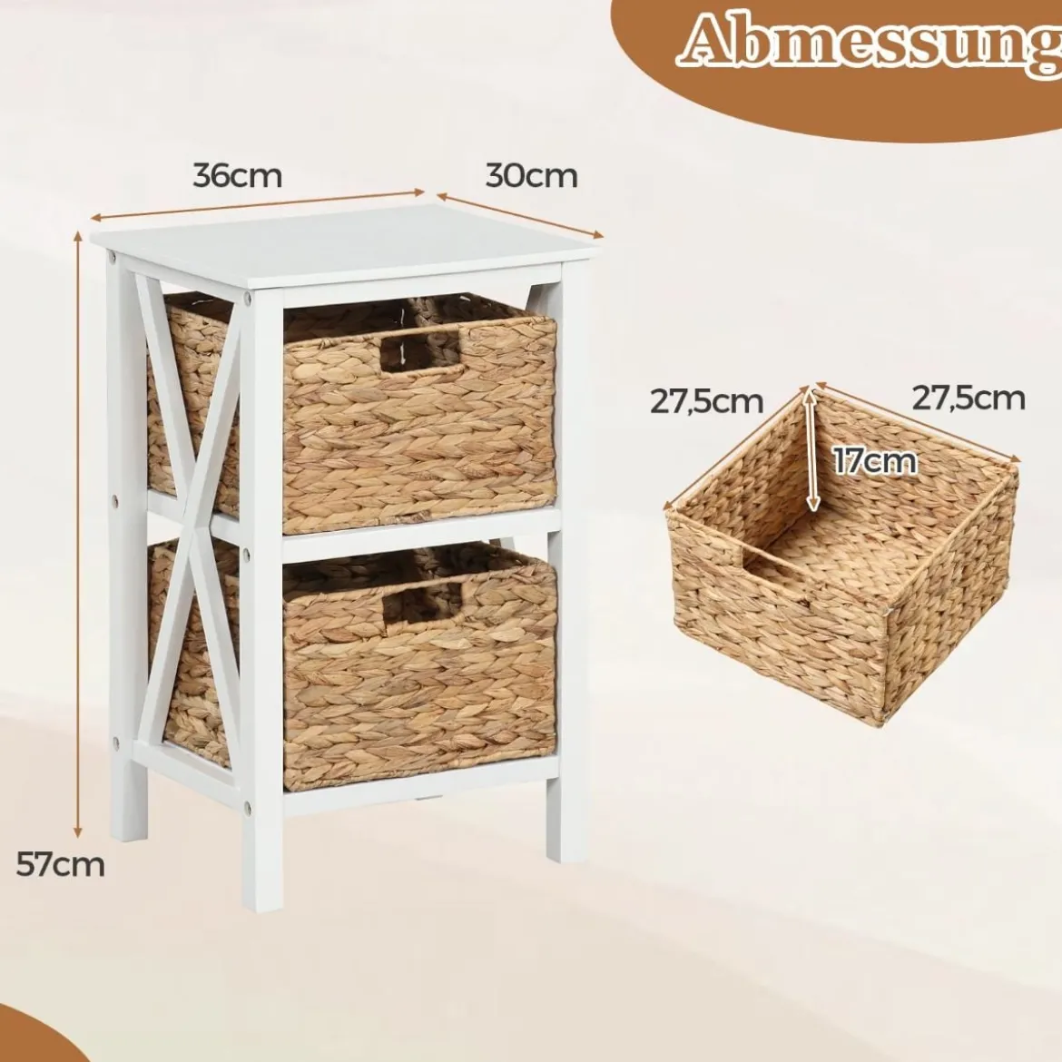 3-stufiger Nachttisch mit 2 Seegraskörben & X-Design Schmaler Beistelltisch 36 x 30 x 57 cm Weiß