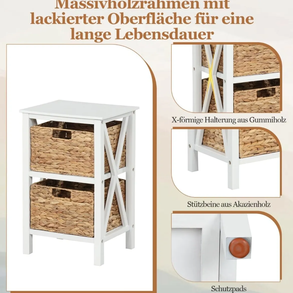 3-stufiger Nachttisch mit 2 Seegraskörben & X-Design Schmaler Beistelltisch 36 x 30 x 57 cm Weiß