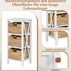 4-stufiger Nachttisch mit 3 Seegraskörben & X-Design Schmaler Beistelltisch 36 x 30 x 80 cm Weiß