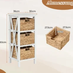 4-stufiger Nachttisch mit 3 Seegraskörben & X-Design Schmaler Beistelltisch 36 x 30 x 80 cm Weiß