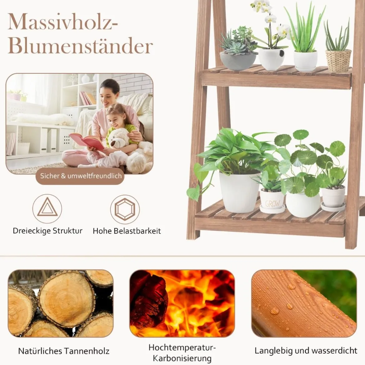 3-stufiger Pflanzenständer Blumenständer Pflanzenregal Holz 46 x 37,5 x 94 cm Braun