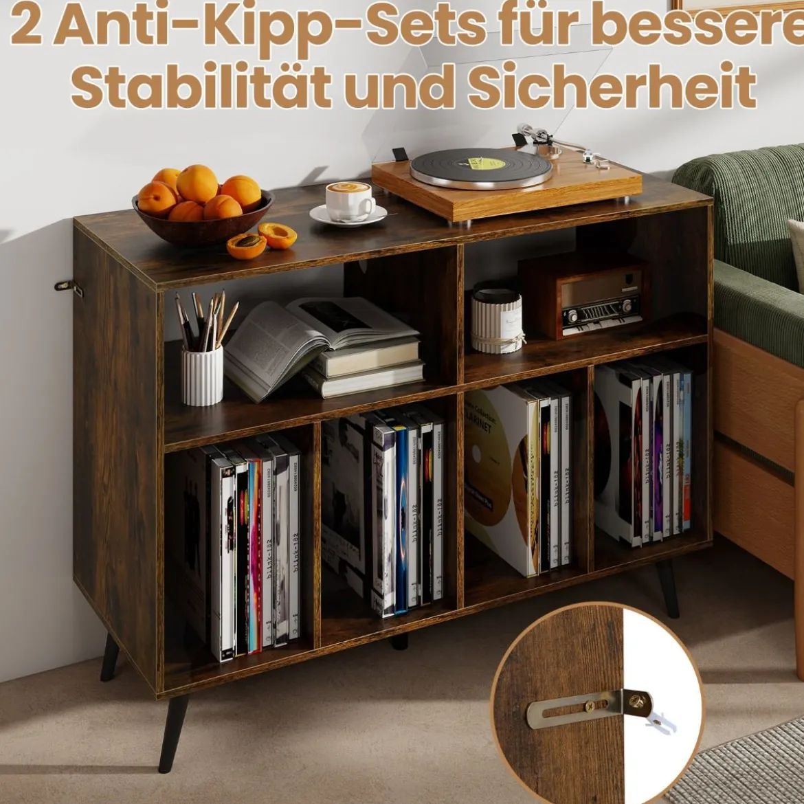 3-stufiger Plattenspielerständer mit Ladestation & Vinyl Aufbewahrungsregalen Braun