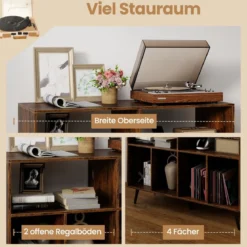 3-stufiger Plattenspielerständer mit Ladestation & Vinyl Aufbewahrungsregalen Braun