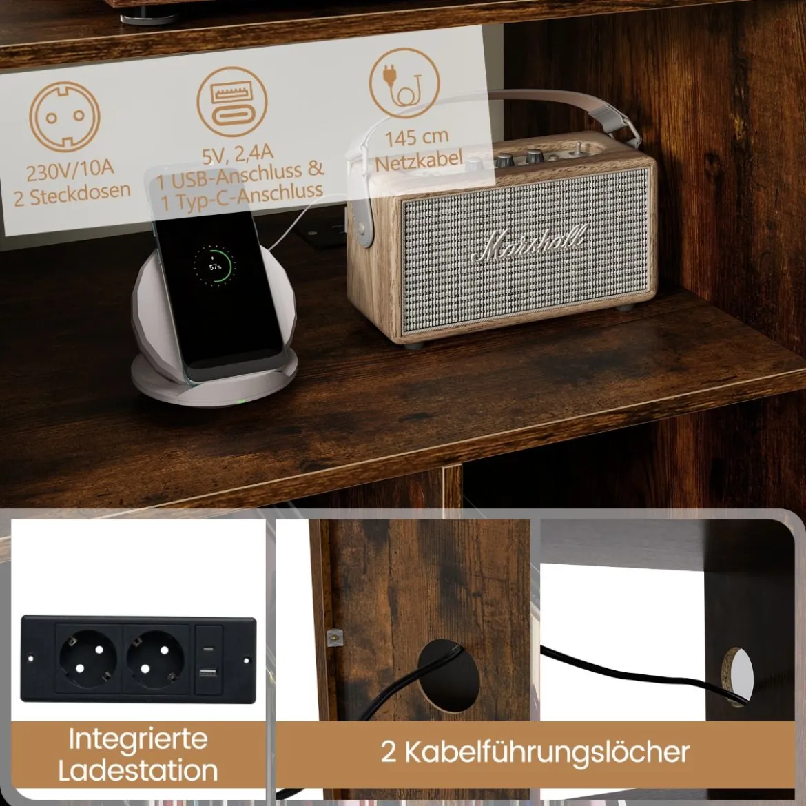 3-stufiger Plattenspielerständer mit Ladestation & Vinyl Aufbewahrungsregalen Braun