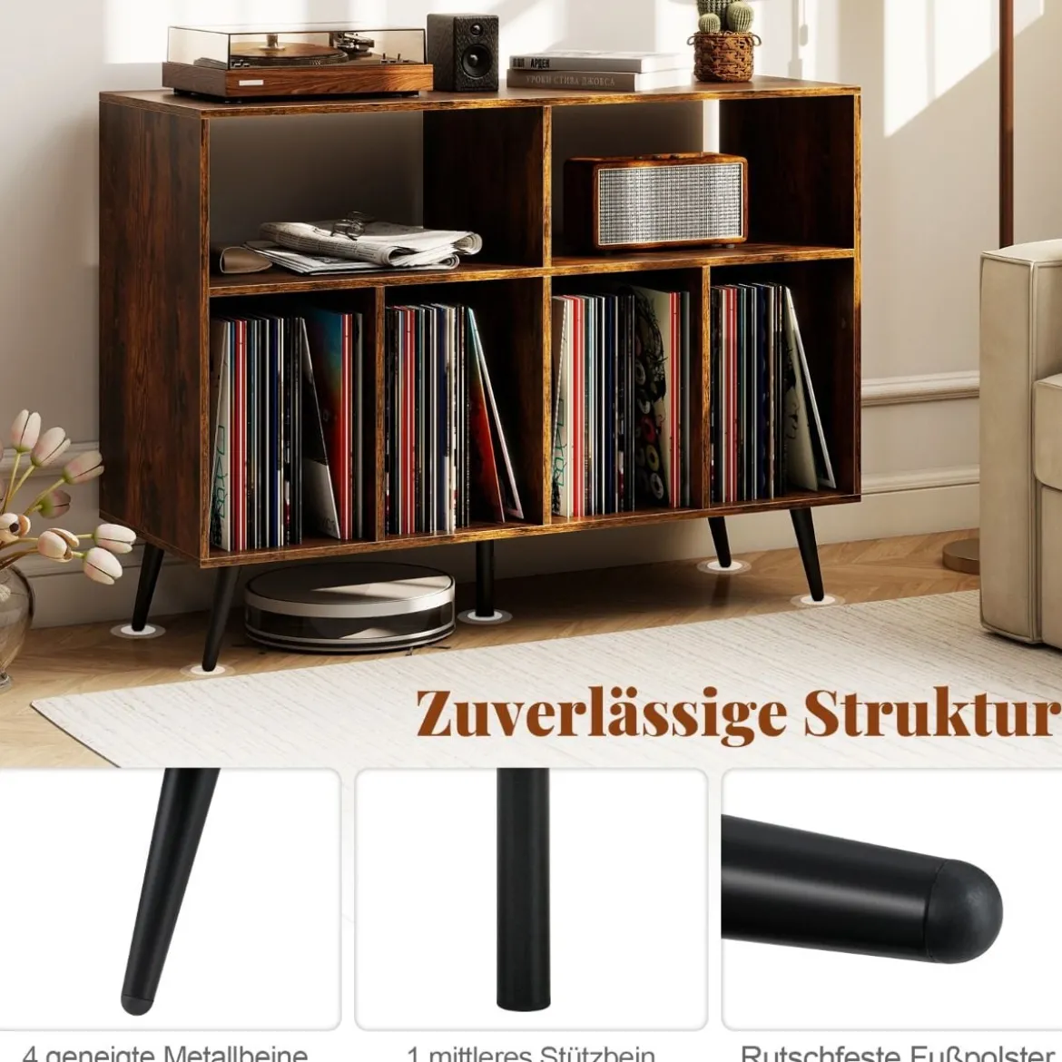 3-stufiger Plattenspielerständer mit Vinyl Aufbewahrungsregalen Plattenspielerschrank Braun