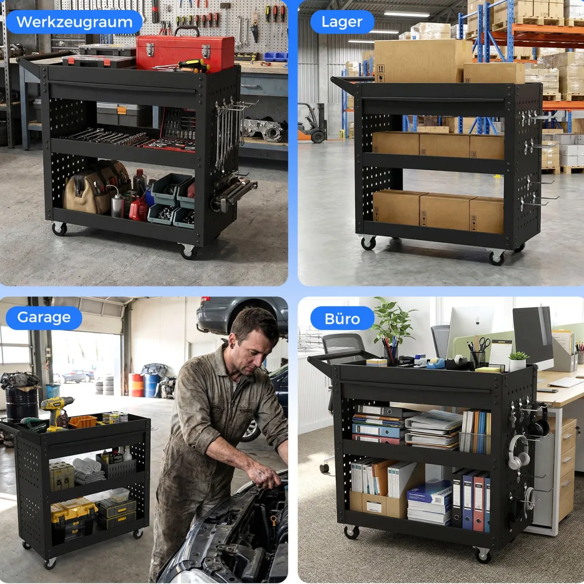3-stufiger Rollender Werkzeugwagen mit Großer Schublade & 2 Lochplatten & 8 Haken Werkzeugorganizer