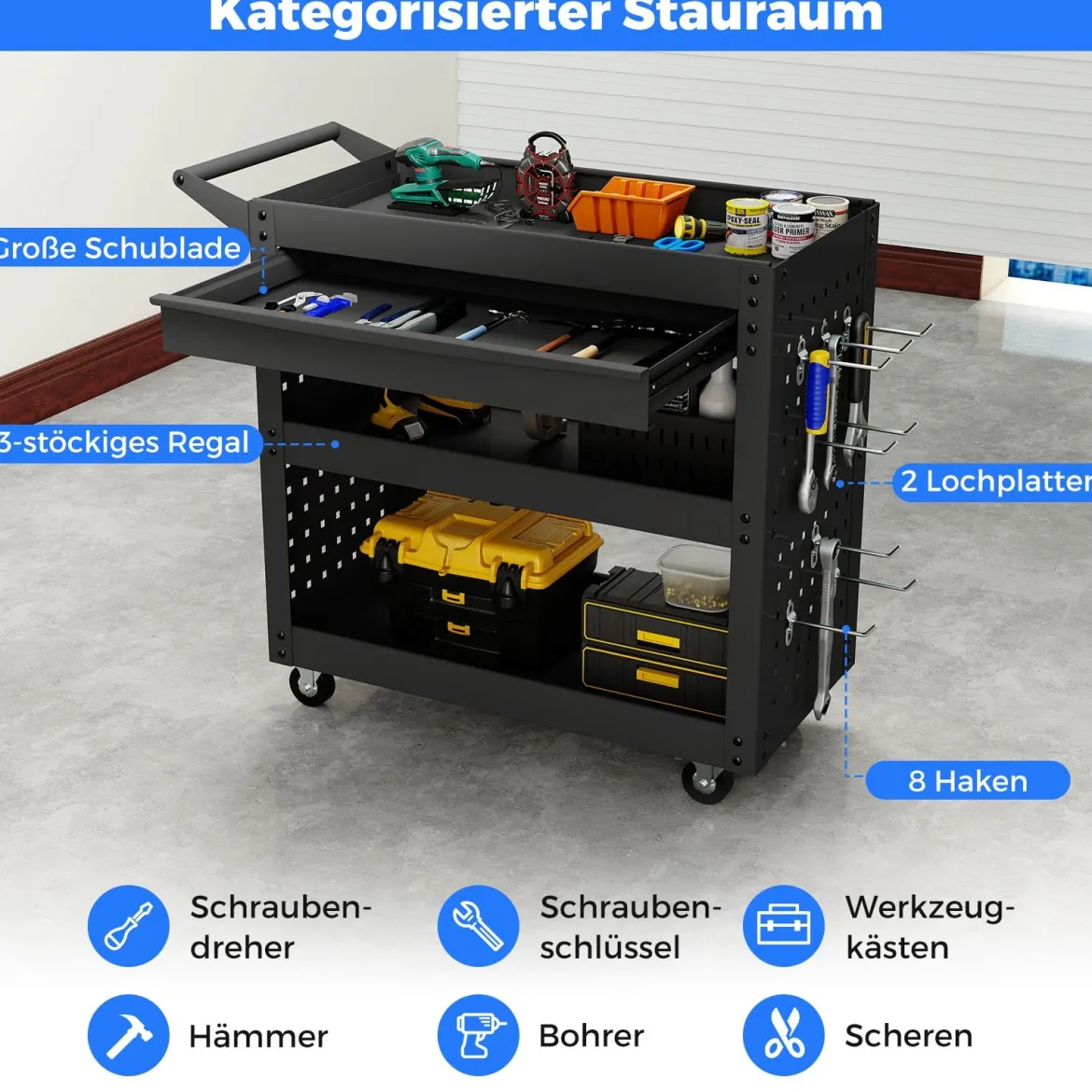 3-stufiger Rollender Werkzeugwagen mit Großer Schublade & 2 Lochplatten & 8 Haken Werkzeugorganizer