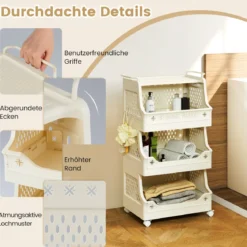 4-stufiger Rollender Wäschekorb mit Griffen & Haken Stapelbarer Kunststoff-Aufbewahrungswagen