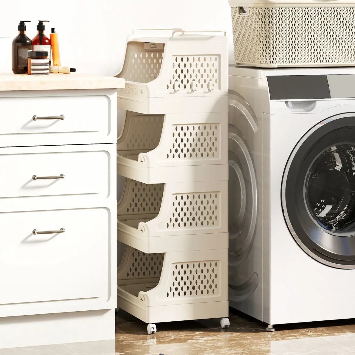 5-stufiger Rollender Wäschekorb mit Griffen & Haken Stapelbarer Kunststoff-Aufbewahrungswagen