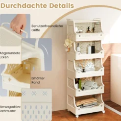 6-stufiger Rollender Wäschekorb mit Griffen & Haken Stapelbarer Kunststoff Aufbewahrungswagen