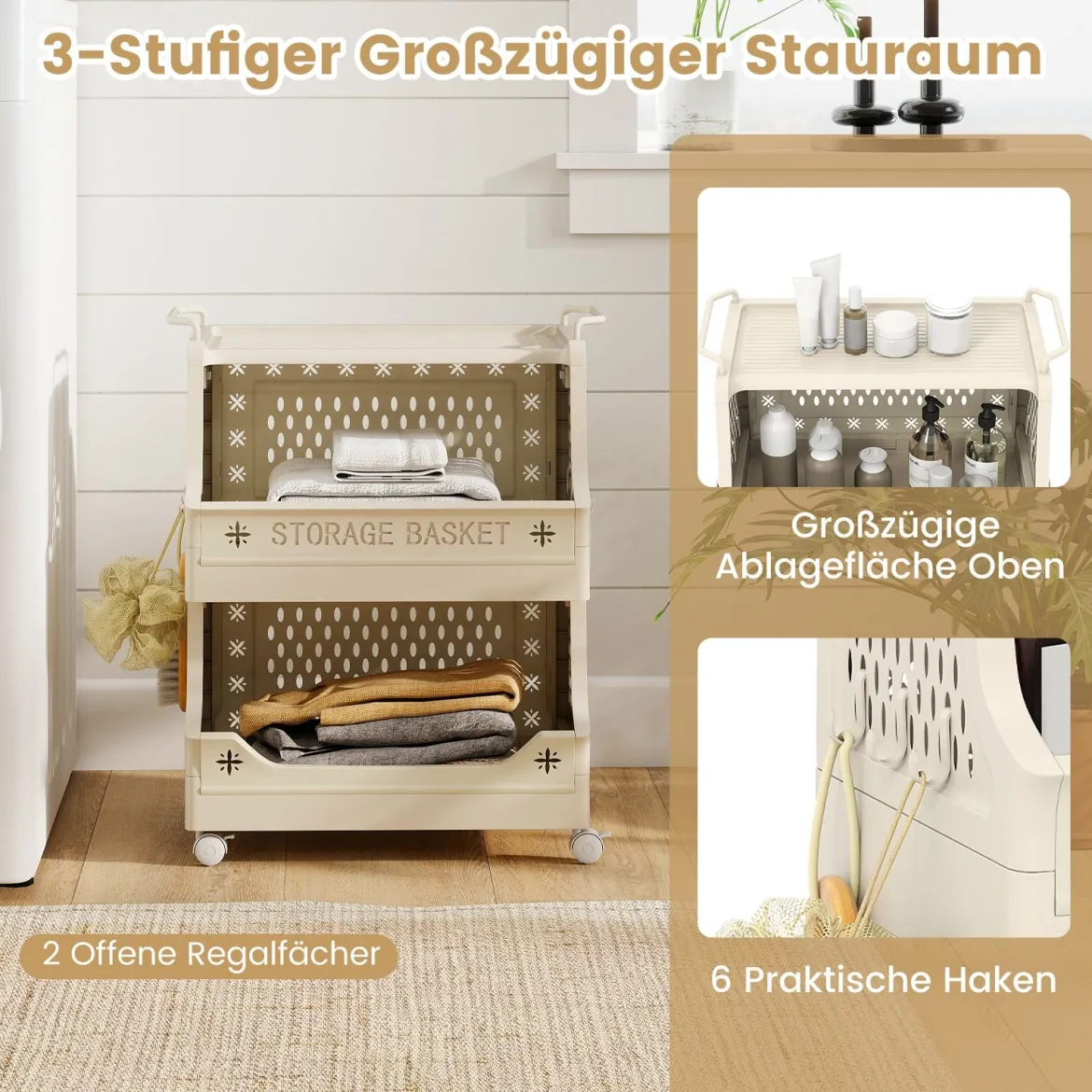 3-stufiger Rollender Wäschekorb mit Griffen & Haken Stapelbarer Kunststoff-Aufbewahrungswagen