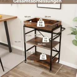 3 stufiger Servierwagen Küchenwagen mit abnehmbarem Tablett & Griff 73 x 40 x 94 cm Braun+Schwarz