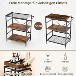 3 stufiger Servierwagen Küchenwagen mit abnehmbarem Tablett & Griff 73 x 40 x 94 cm Braun+Schwarz