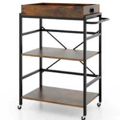 3 stufiger Servierwagen Küchenwagen mit abnehmbarem Tablett & Griff 73 x 40 x 94 cm Braun+Schwarz