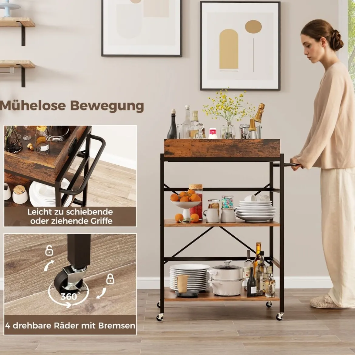 3 stufiger Servierwagen Küchenwagen mit abnehmbarem Tablett & Griff 73 x 40 x 94 cm Braun+Schwarz