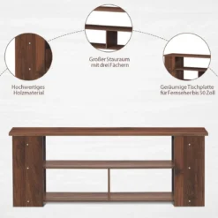 3-stufiger TV Schrank mit Massivholzrahmen & Offenen Ablagefächern 110 cm Breit Kaffee