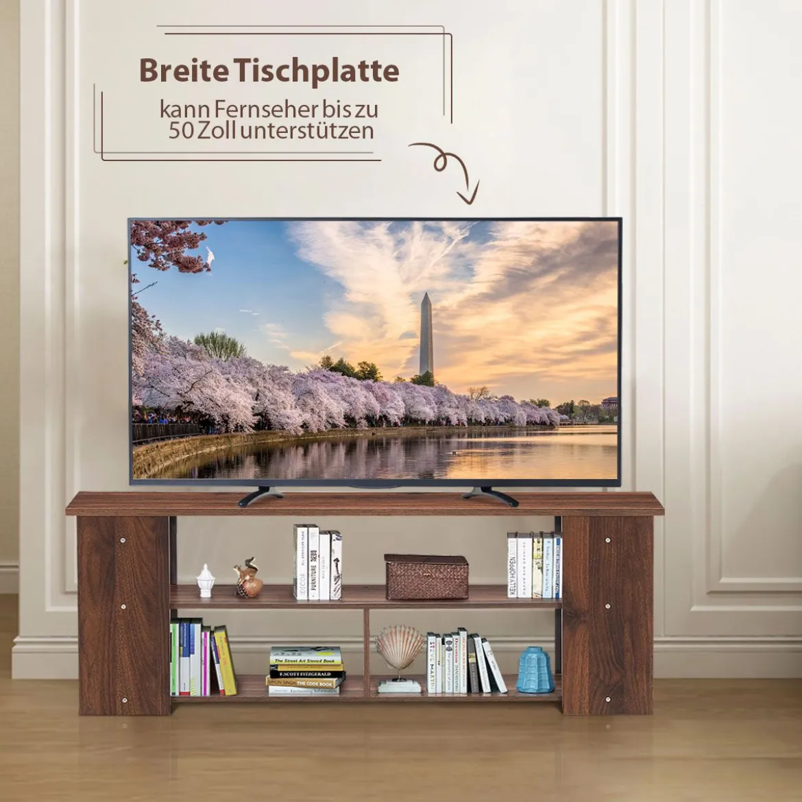 3-stufiger TV Schrank mit Massivholzrahmen & Offenen Ablagefächern 110 cm Breit Kaffee