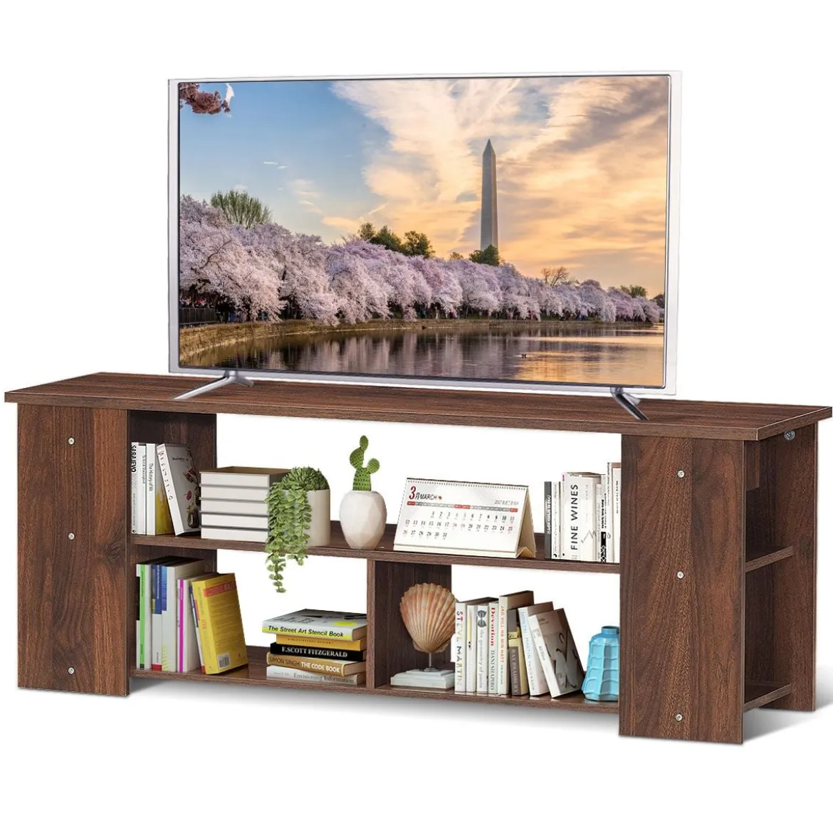 3-stufiger TV Schrank mit Massivholzrahmen & Offenen Ablagefächern 110 cm Breit Kaffee
