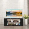 3-Stufiger TV Schrank mit Massivholzrahmen & Offenen Ablagefächern 110 cm Breit Schwarz