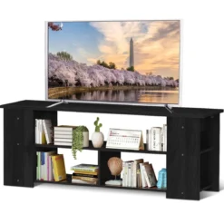 3-Stufiger TV Schrank mit Massivholzrahmen & Offenen Ablagefächern 110 cm Breit Schwarz