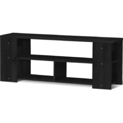 3-Stufiger TV Schrank mit Massivholzrahmen & Offenen Ablagefächern 110 cm Breit Schwarz