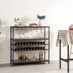 5-stufiger Weinregal mit Glashalter & Regalen Freistehender Flaschenregal Rustikales Braun