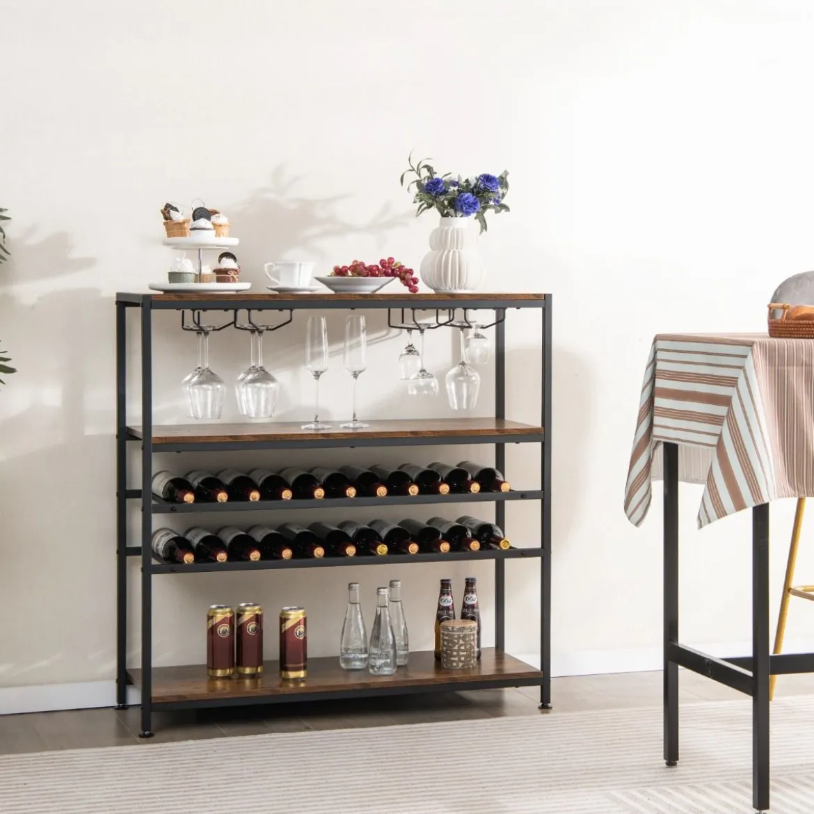 5-stufiger Weinregal mit Glashalter & Regalen Freistehender Flaschenregal Rustikales Braun