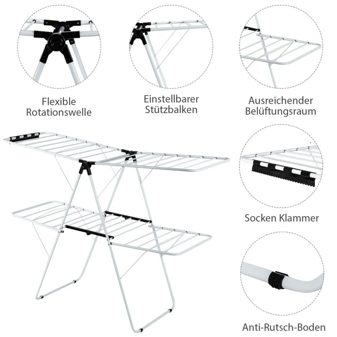 2-Stufiger Wäscheständer Faltbarer Wäschetrockner mit Höhenverstellbaren Flügeln 154 x 55,5 x 112 cm Weiß